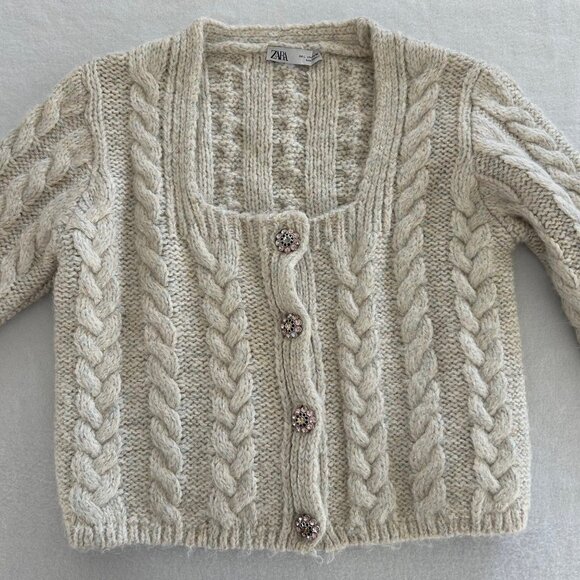 ZARA Cable Knit Cardigan Sweater SZL Cream Sparkle Threads Gem Button Chunky - Picture 5 of 11